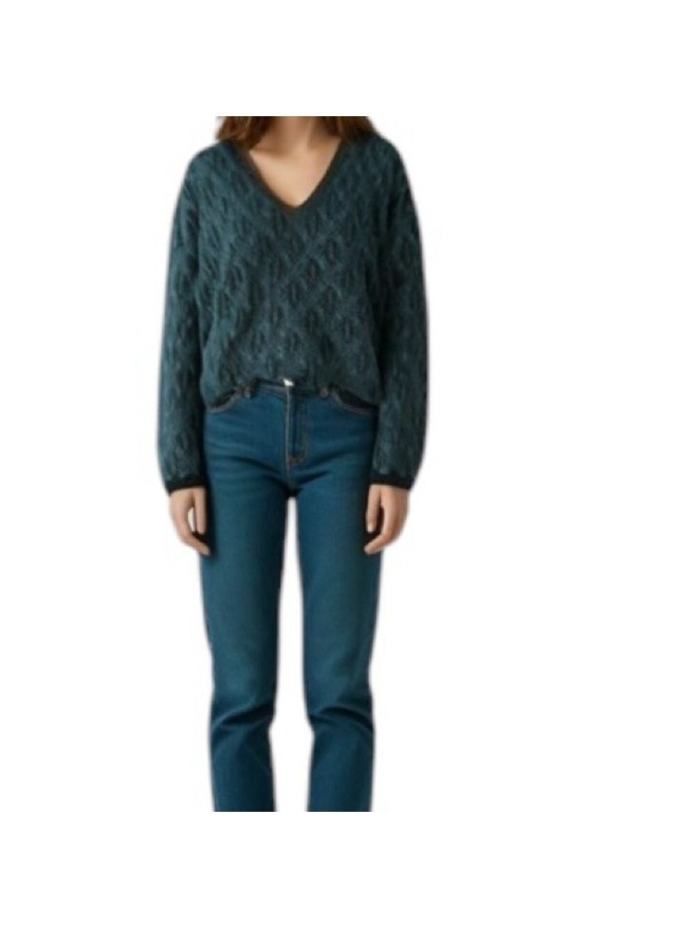 Vintage 80’s Oversized Black And Teal Abstract Print Deep V Neck Sweater Size M